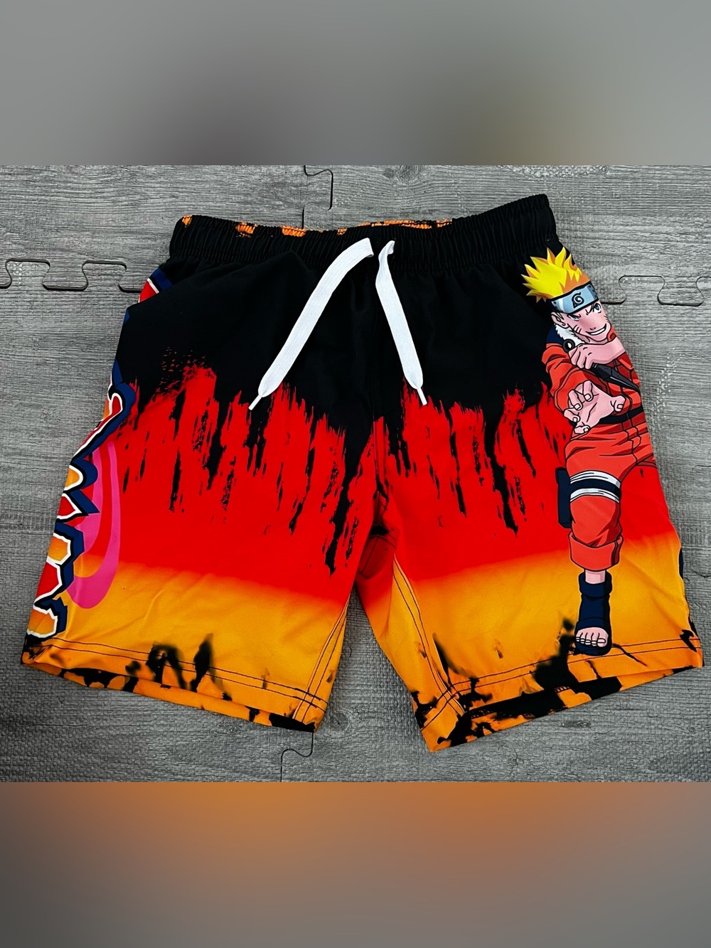 Naruto Uzumaki Anime Graphic Swim Trunks Size 8 Black Red Orange Lined